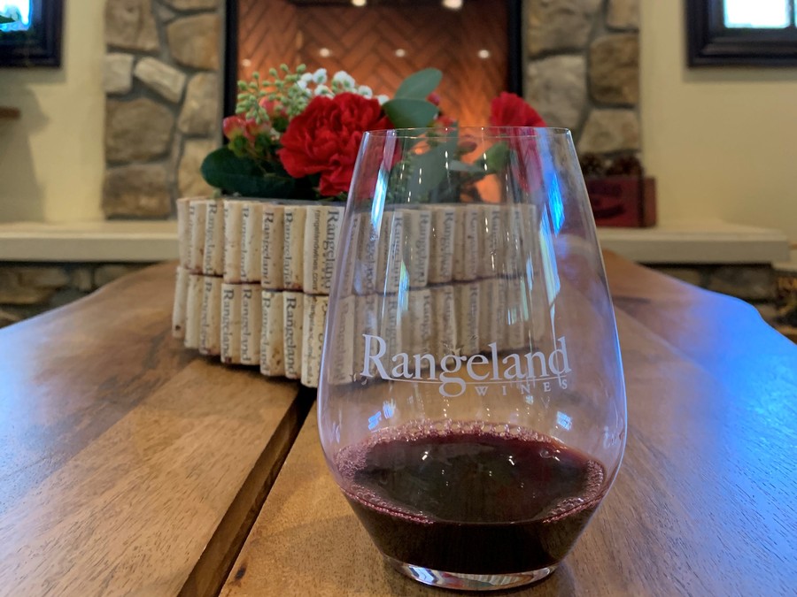 tasting room table with glass of wine